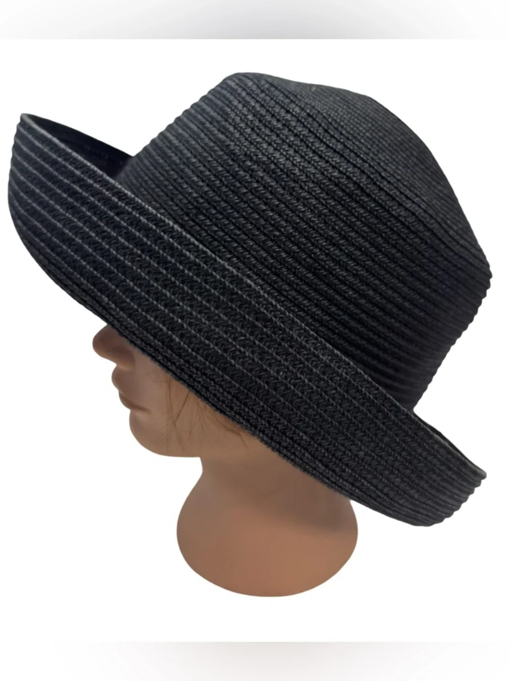 Chico's Navy Blue Black Woven Straw Sun Hat Kettle Brim Classic